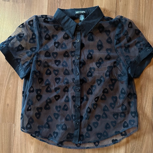 NWT Black Flocked Planchette Sheer Girls Button-Up size medium Ouija Hot Topic - Picture 3 of 8